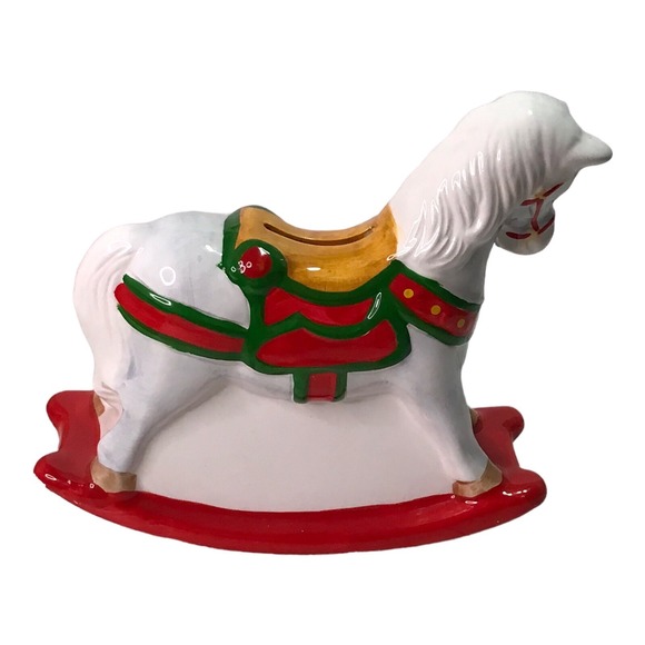 Vtg Holiday Ceramic Rocking Horse Piggy Bank Taiwan Cottagecore Christmas - Picture 5 of 8